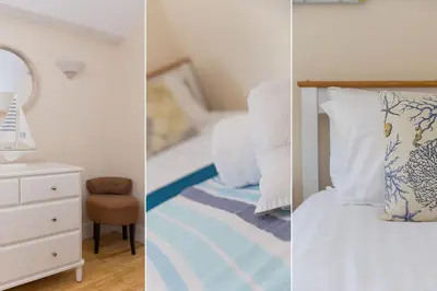 two pictures of a bedroom with a bed and a dresser at Captain's Rest in St Ives