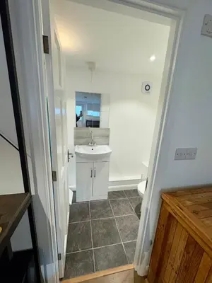 a bathroom with a sink and a toilet at The Shack 1 bedroom apartment in Newquay