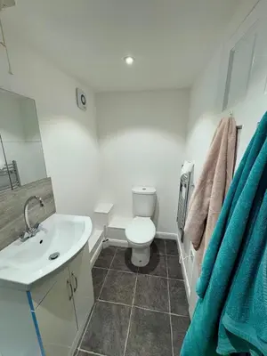 a bathroom with a white toilet and a sink at The Shack 1 bedroom apartment in Newquay