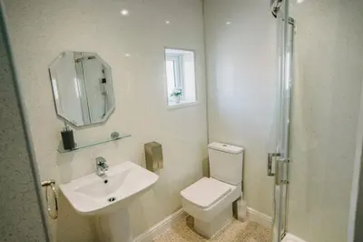 a bathroom with a toilet and a sink and a shower at OYO Minerva Guesthouse in Newquay