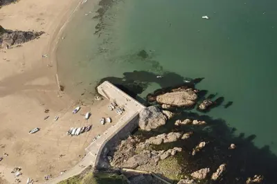 an aerial view of a beach and the water at Stylish Boatshed with Sea Views Private Parking in Gorran Haven