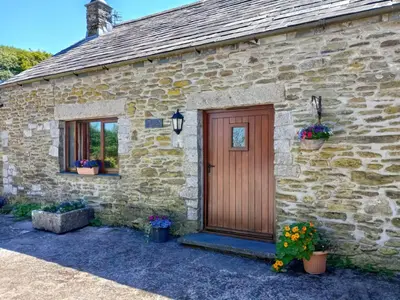 a stone house with a wooden door and two windows at Bill And Ben's Cottage - Uk48619 in Warbstow