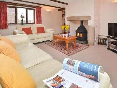 a living room with a couch and a fireplace at Bill And Ben's Cottage - Uk48619 in Warbstow