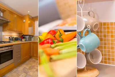 two pictures of a kitchen with vegetables and cups at Ocean View in Carbis Bay
