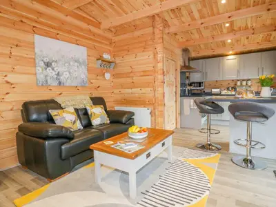 a living room with a leather couch and a table at Little Orchard Lodge in Truro