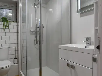 a bathroom with a shower and a sink and a toilet at Byre Cottage in Fowey