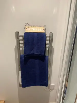a towel rack with two blue towels on it at Seaside Cabin Perranporth in Perranporth