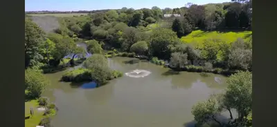 an aerial view of a large lake with trees at Wallows Lodge with private hot tub in St Austell