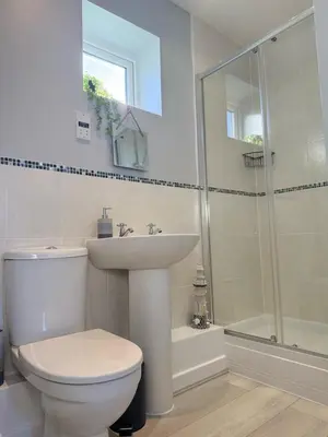 a bathroom with a toilet and a sink and a shower at Sea Spire Coach House in Charlestown