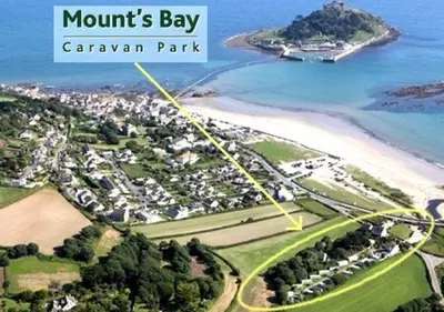 an aerial view of a park next to a beach at Mounts Bay Caravan Park in Penzance