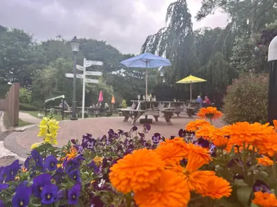 a garden with flowers and a picnic table with umbrellas at Trevithick 46 in Hayle