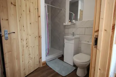 a bathroom with a toilet and a sink and a shower at TwoPigalliie Heights in Nancekuke
