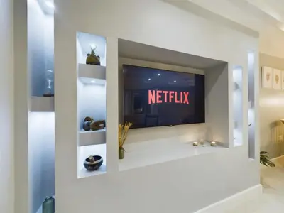 a lobby with a netflix sign on the wall at Sun Trap Terrace in Porthleven