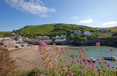 a view of a beach with pink flowers in the foreground at 3 Bed in Delabole oc-t30590 in Delabole