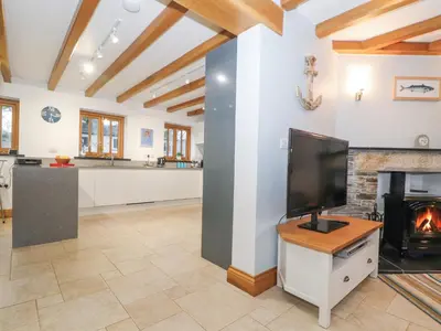 a living room with a tv and a fireplace at Splatt Barn in Wadebridge