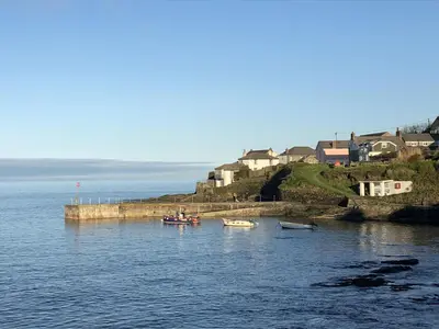 a group of boats in a body of water at Pengerein in Porthscatho
