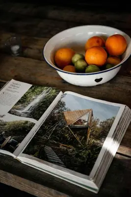 a book and a bowl of oranges and a bowl of fruit at Kudhva 4 in Treknow