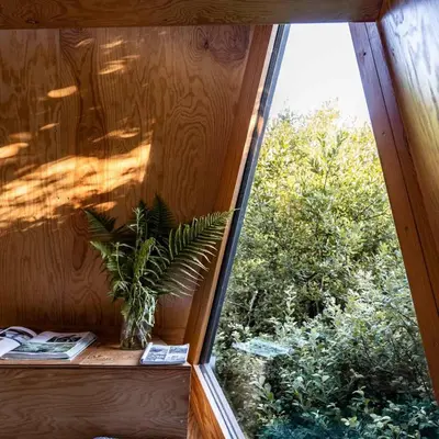 a window with a potted plant sitting on a wooden shelf at Kudhva 3 in Treknow