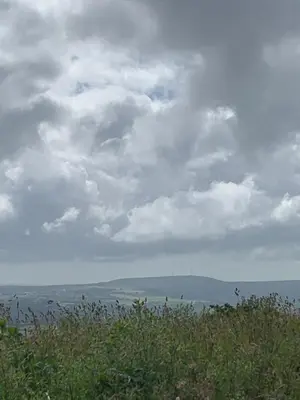 a kite flying in a cloudy sky over a field at Field End in Liskeard