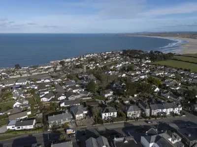 an aerial view of a town next to the ocean at Olive Cottage, Carbis Bay - Parking Nearby, Free WiFi, Coffee Machine - Couples Retreat in Carbis Bay