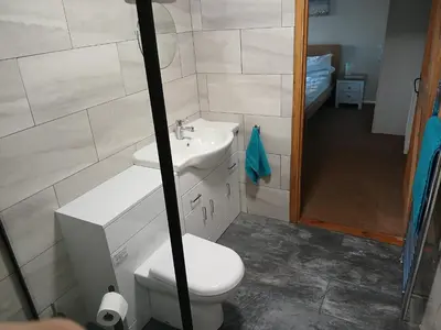 a bathroom with a white toilet and a sink at The Dairy Barn in Camelford