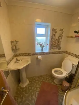 a bathroom with a toilet and a sink and a window at Valley View in Port Isaac
