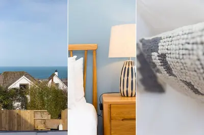three images of a room with a bed and a lamp at Solstice in Carbis Bay