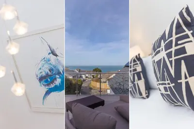 two pictures of a living room with a view of the ocean at Solstice in Carbis Bay