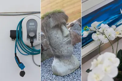 a collage of three pictures with a statue and flowers at Solstice in Carbis Bay