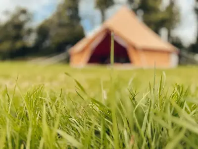 a field of green grass with a house in the background at Furnished Bell Tent 4 in St Austell