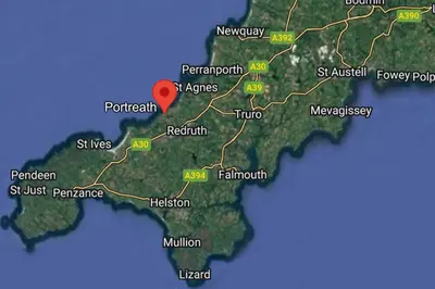 a map of australia with a red marker at Sandy Nook, Portreath, Cornwall in Portreath