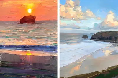 a painting of the ocean and a sunset at Sandy Nook, Portreath, Cornwall in Portreath
