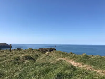 a field of grass with the ocean in the background at Little Dusty - Between St Agnes & Perranporth in St. Agnes