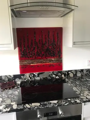 a red painting above a stove in a kitchen at Little Dusty - Between St Agnes & Perranporth in St. Agnes