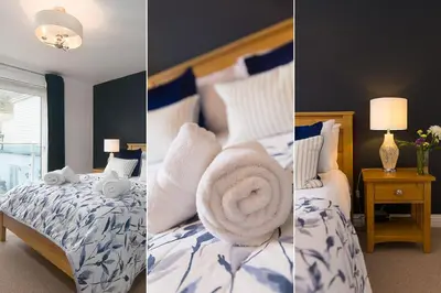 two pictures of a bedroom with a bed and a window at Cockleshells in St Ives
