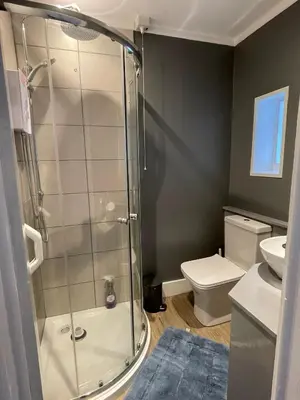 a bathroom with a shower and a toilet at Cosy Cottage, Mevagissey in Mevagissey