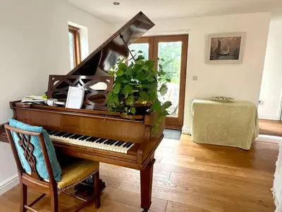 a piano with a plant sitting on top of it at Trelean Lodge in Leedstown