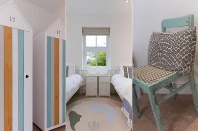 two pictures of a bedroom with a chair and a door at Heatherleigh in Carbis Bay
