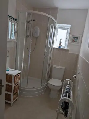 a bathroom with a shower and a toilet at Bijou in St Ives
