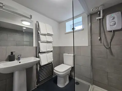 a bathroom with a toilet and a sink and a shower at Luxury Sea View Chalet At Millendreath in Looe