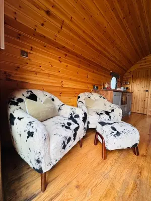 a living room with two couches in a wooden room at Stargaze at OLJU Lodges in Stithians