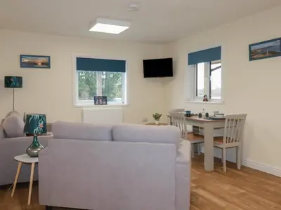 a living room with a couch and a table at Kingfisher Lodge in St Austell