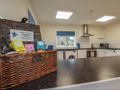 a kitchen with a counter with a basket on it at Kingfisher Lodge in St Austell