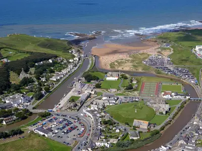 an aerial view of the beach and the ocean at Rosebud Beach Hut in Otterham