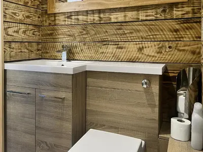 a bathroom with a sink and a toilet at Rosebud Beach Hut in Otterham