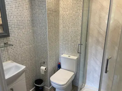 a bathroom with a toilet and a sink and a shower at 11 longstone house St ives carbis bay in Carbis Bay