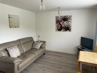 a living room with a couch and a television at 11 longstone house St ives carbis bay in Carbis Bay