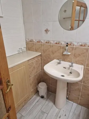 a bathroom with a sink and a mirror and a toilet at cornish Choughs Inn in Camborne