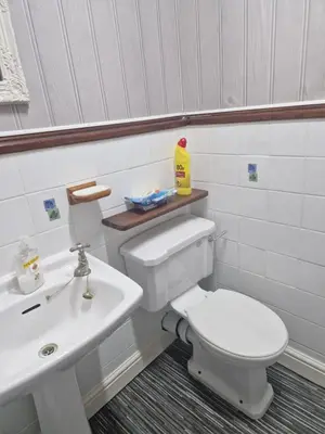 a bathroom with a white toilet and a sink at cornish Choughs Inn in Camborne