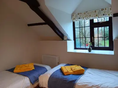 two beds in a room with a window at Pandia Cottage in Bodmin